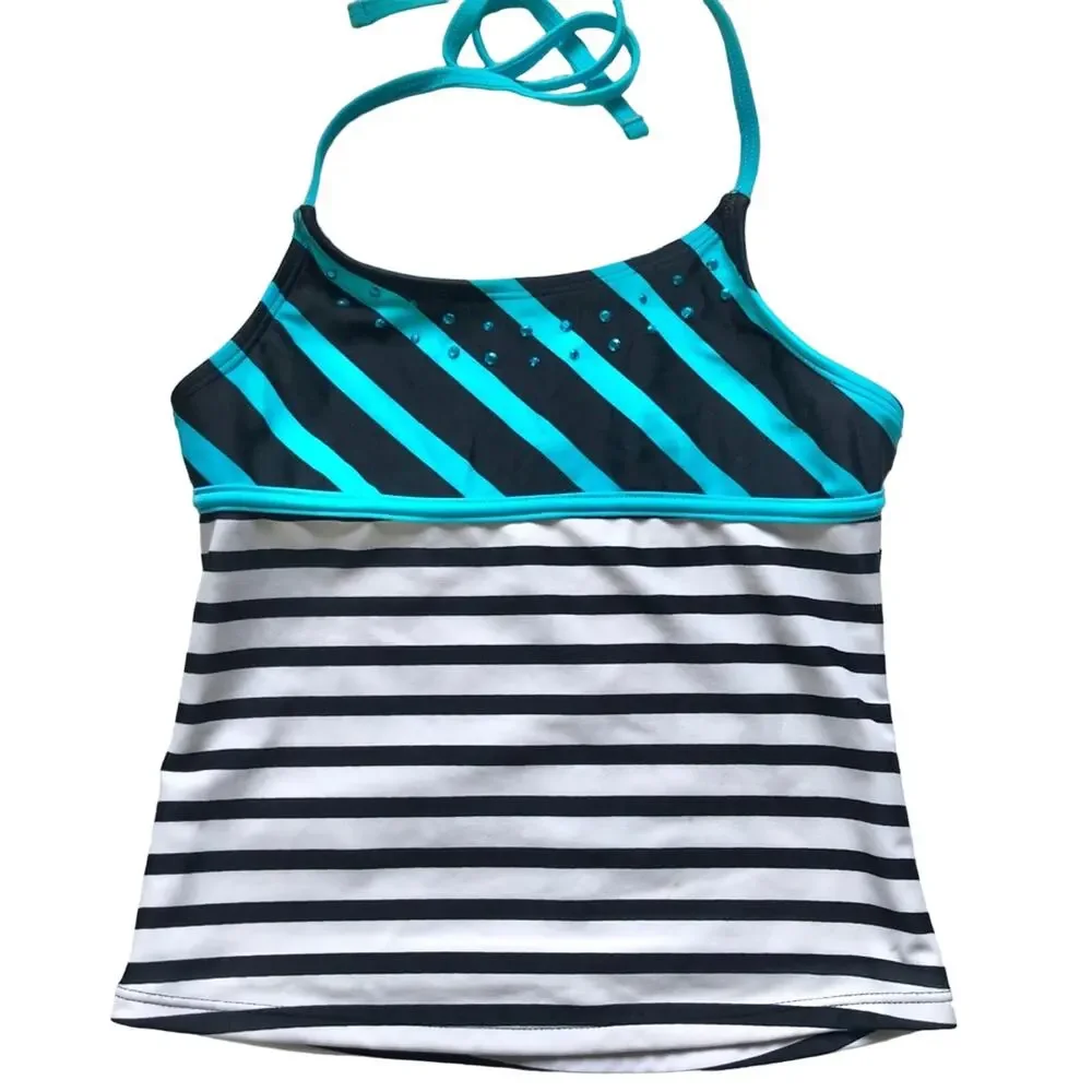 Girls 7 Justice Black White Turquoise Teal Blue Stripe Halter Tankini Swimsuit